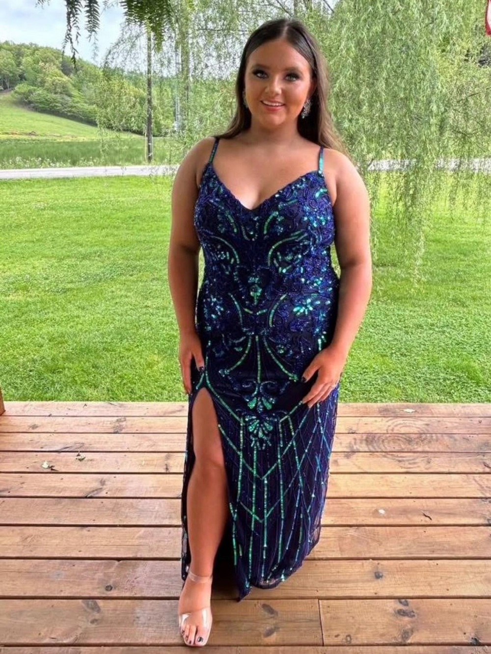Sherri Hill Navy and Teal Beaded Prom Gown with Thigh Slit